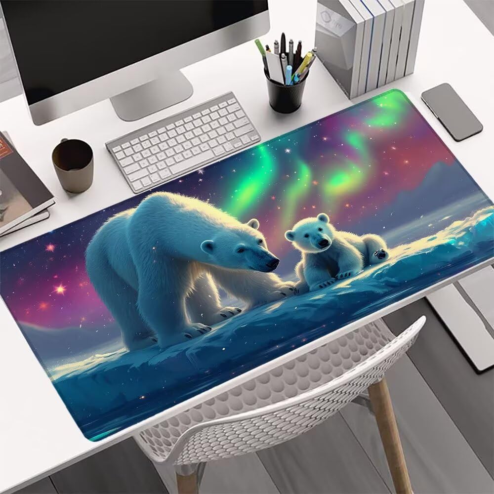 Podkładka pod mysz XXL 1200 x 600 x 3 mm, podkładka pod mysz dla graczy biały niedźwiedź, duża podkładka pod biurko, antypoślizgowa gumowa podstawa, szyte krawędzie, zmywalna podkładka pod mysz zorza