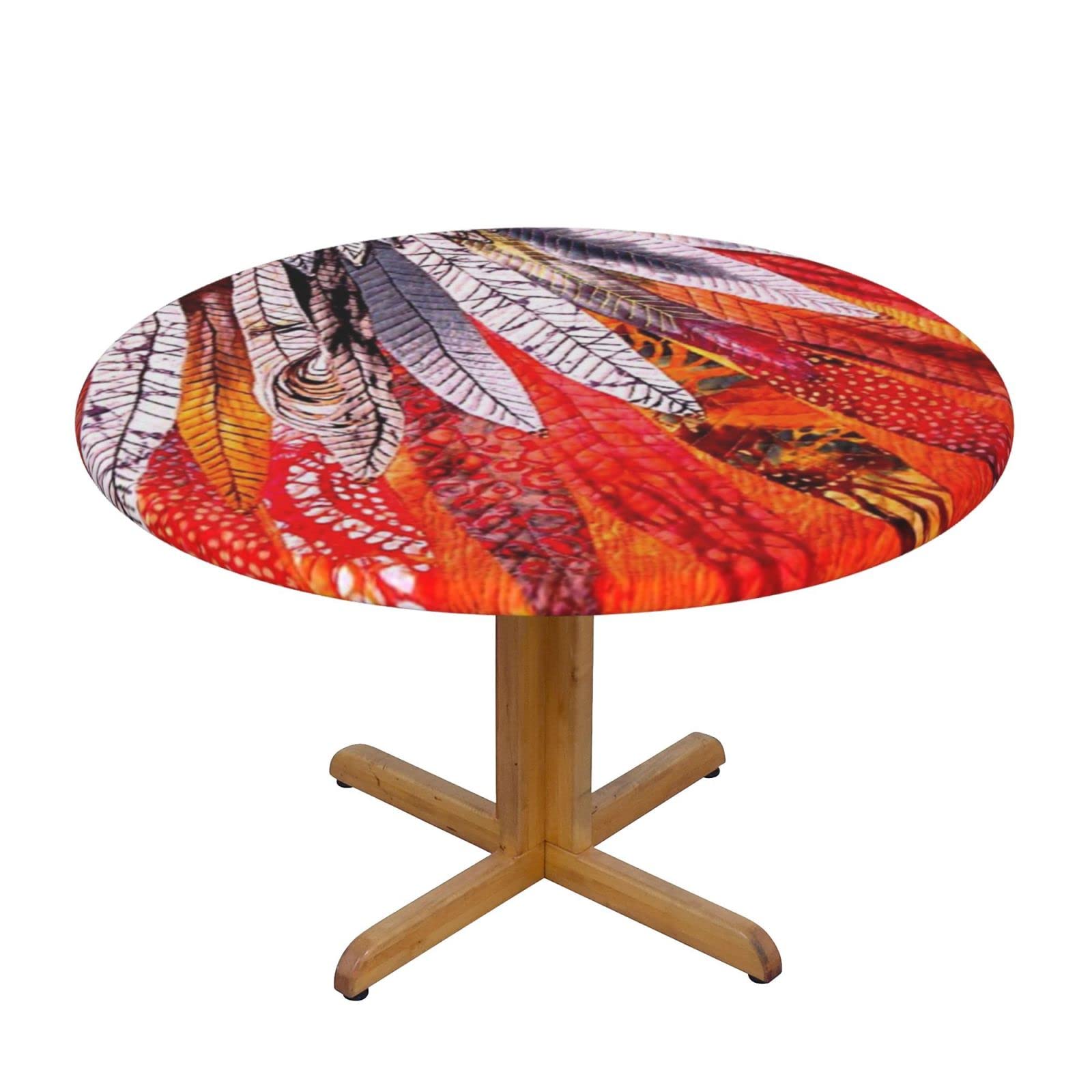 Lsjuee Round Fitted Tablecloth 45-50in Elastic Edged Table Cloth for Kitchen Dining Party Home Decor - Native American Feathers Tribal