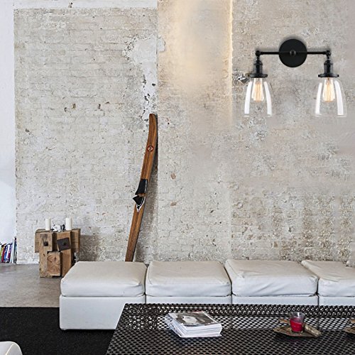 Image of Phansthy 2 Light Swing Direction Wall Sconce with Switch and 5.6 inch Bell Glass Shade, Vintage Industrial Doubel Head Wall Light 180 Adjustable (Black)