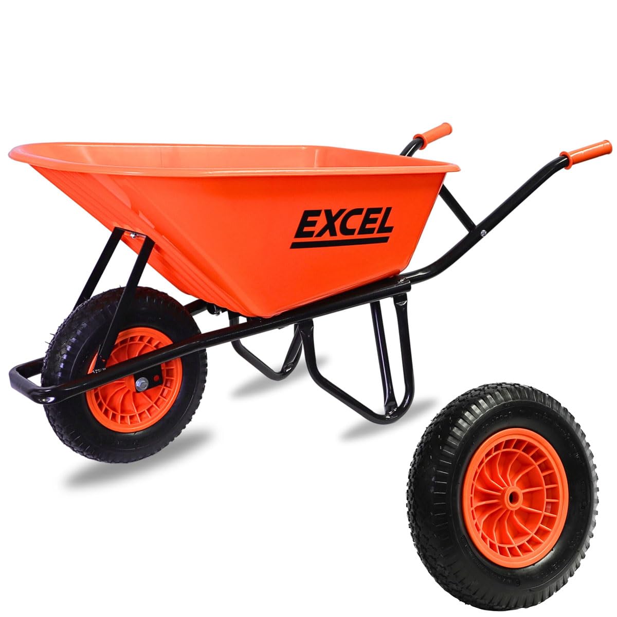 Excel Wheelbarrow Barrow Cart Trolley Heavy Duty 100L Wheelbarrow HDPE Plastic Tray Extra Puncture Proof Wheel - Garden Wheelbarrows, Handcart Wheel Barrow