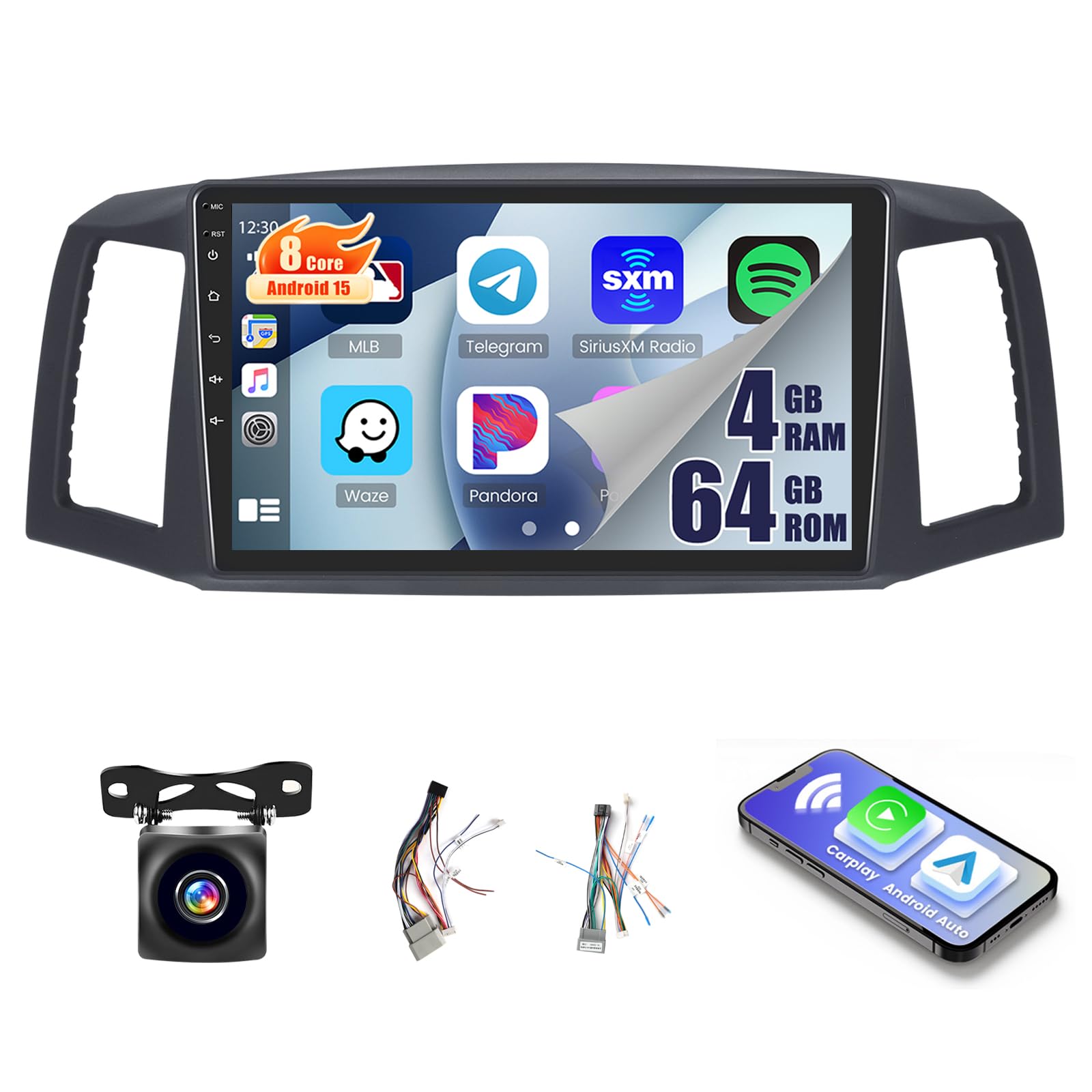 4+64G Android 15 Car Stereo for Jeep Grand Cherokee 2004-2007,10.1 inch IPS 1280 * 720 Touch Screen Radio Wireless Apple Carplay Android Auto DSP 5G