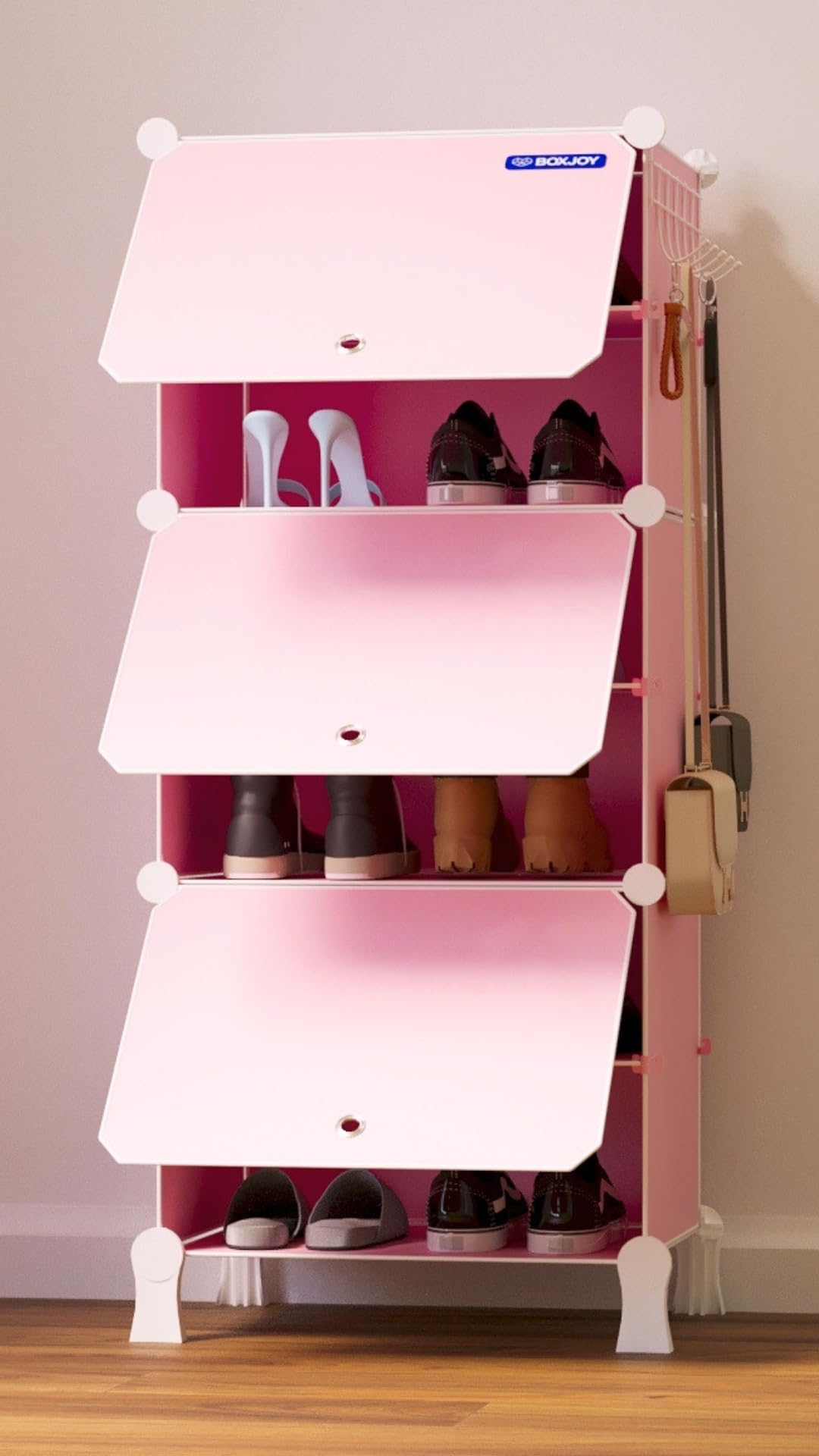 BOXJOY 6 Shelf Shoe Rack with 3 Doors, 5 Hook Steel Holder & Wooden Hammer | Shoes Stand Cabinet for Home Storage PP Plastic Organizer with Metal Door Frame to Cover Chappal Slipper Sandals Box (Pink)