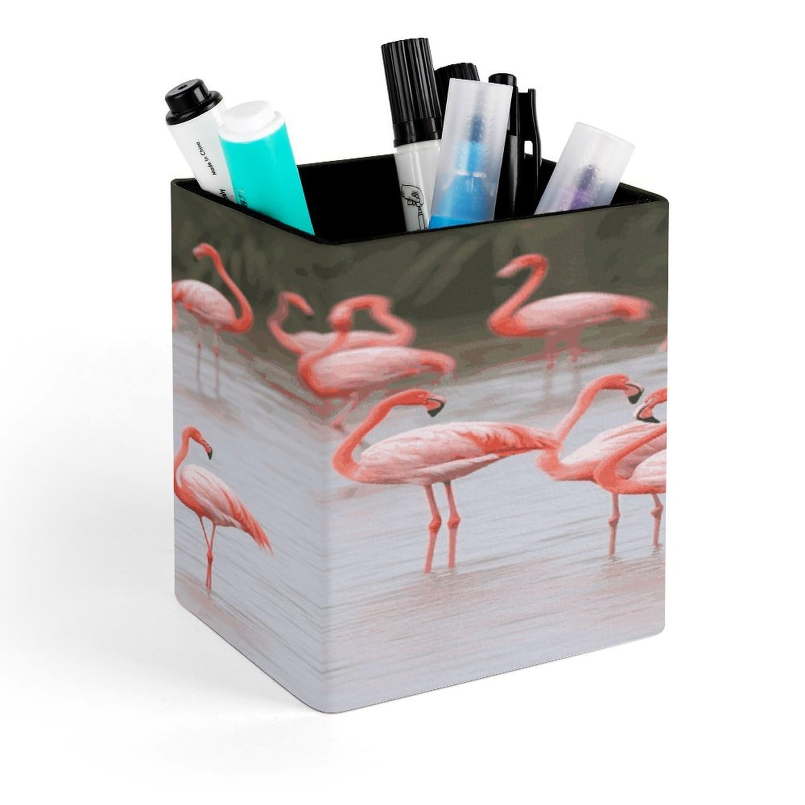 MUSM Pink Flamingos Pen Holder Square PU Leather Desktop Organizer And Makeup Brush Holder Storage Box Modern Design Stationery Organizer for Office Desk Accessory