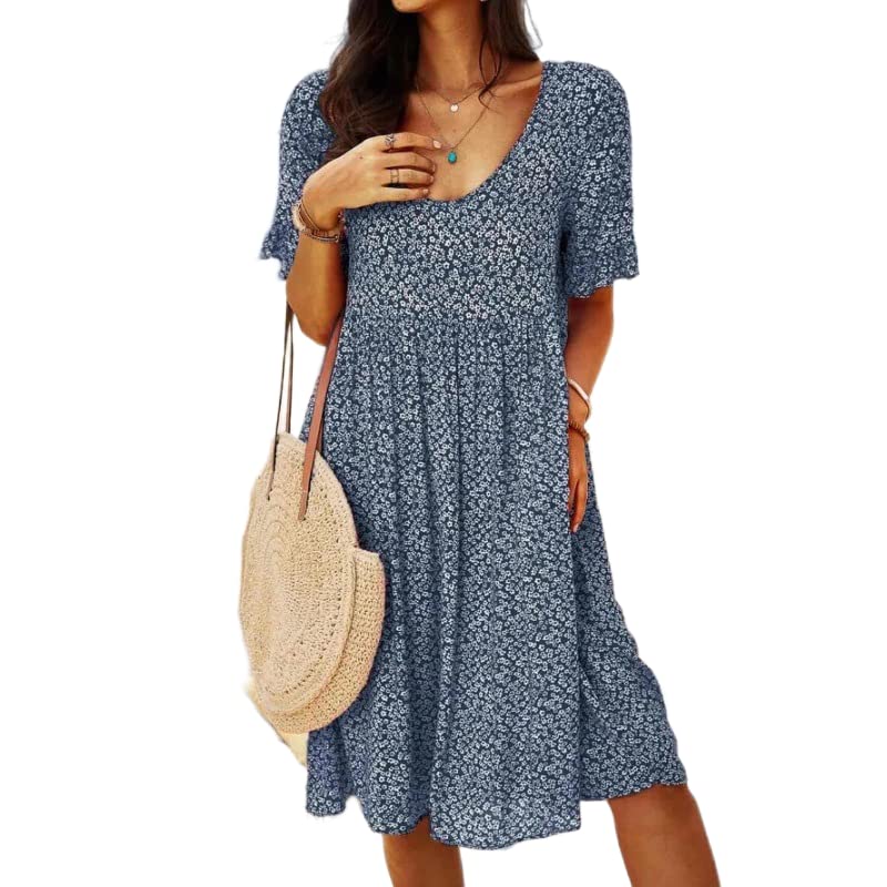 Women's Bohemian Floral Flowy Loose Knee Length Tshirt Dresses Summer Beach Casual Short Sleeve Swing Tunic Boho Dresses