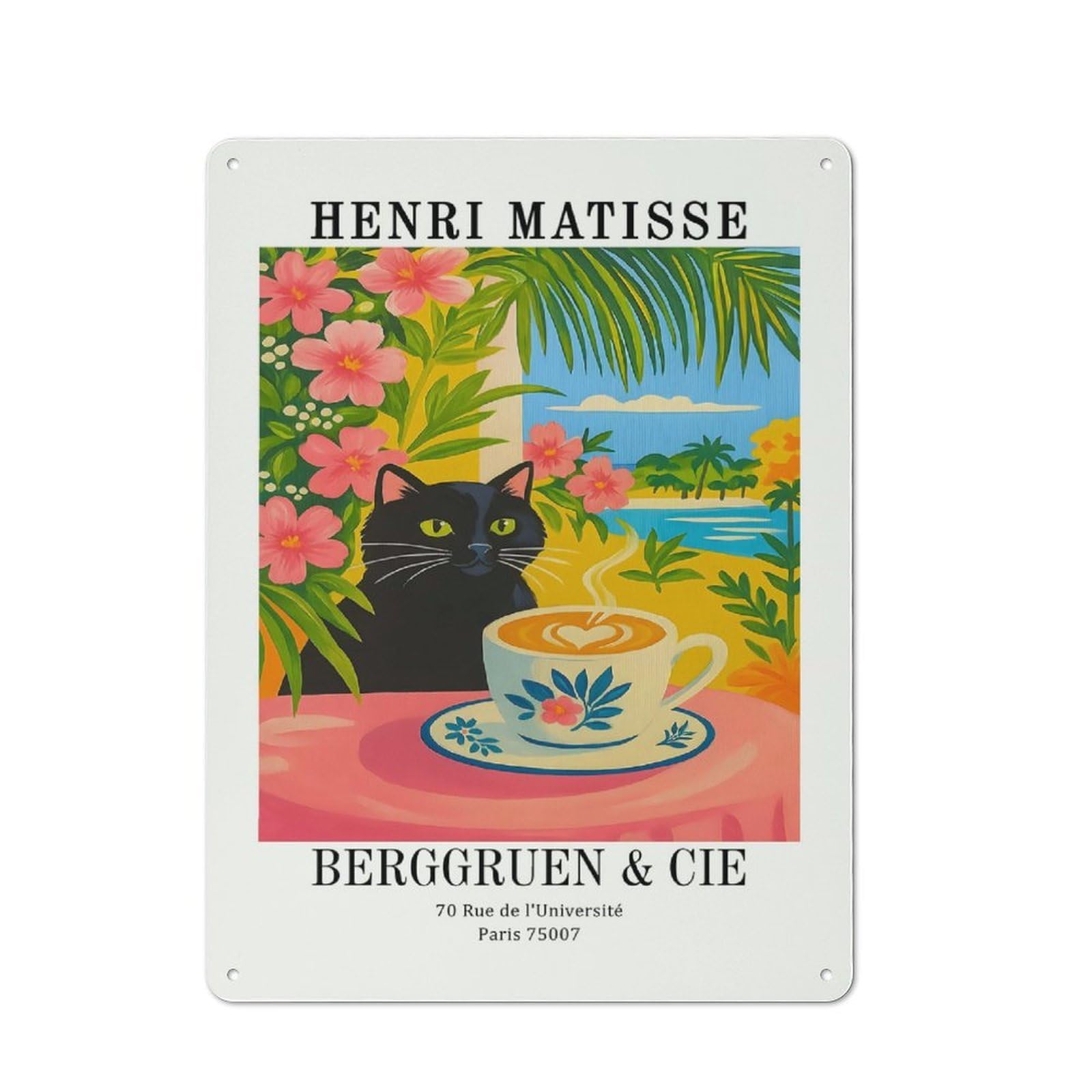 Junmoney Style Creative Henri Matisse Inspired Cat And Coffee Metal Desk Wall Sign 40X30cm, Study Room Decor For Home Office, Reading Corner Or Bedroom