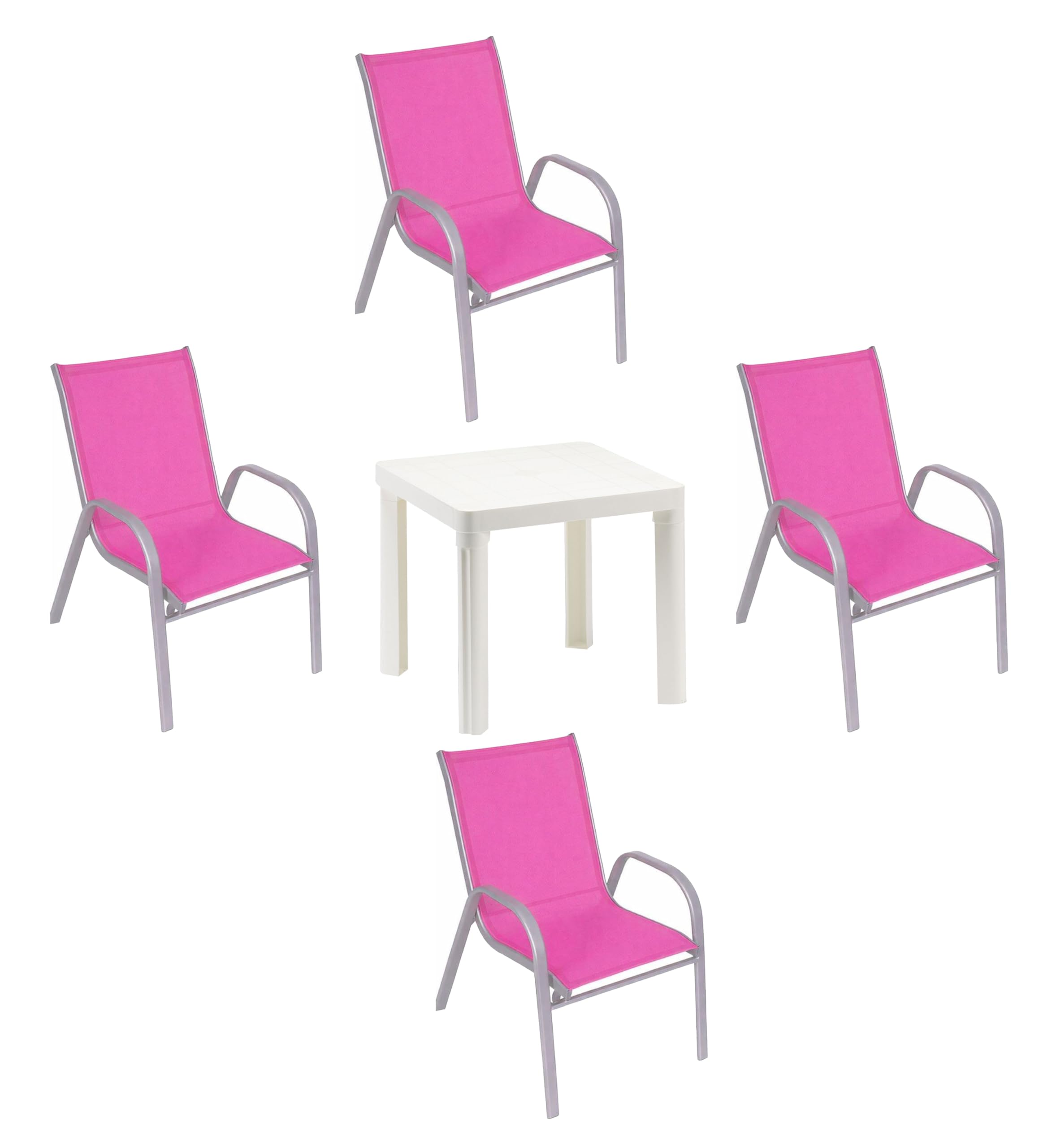 Hline Kinder Sitzgruppe Tisch + Gartenstuhl Stühle Sessel aus Metall Kinderstuhl in an Out (1 Tisch 4 Stühle rosa)