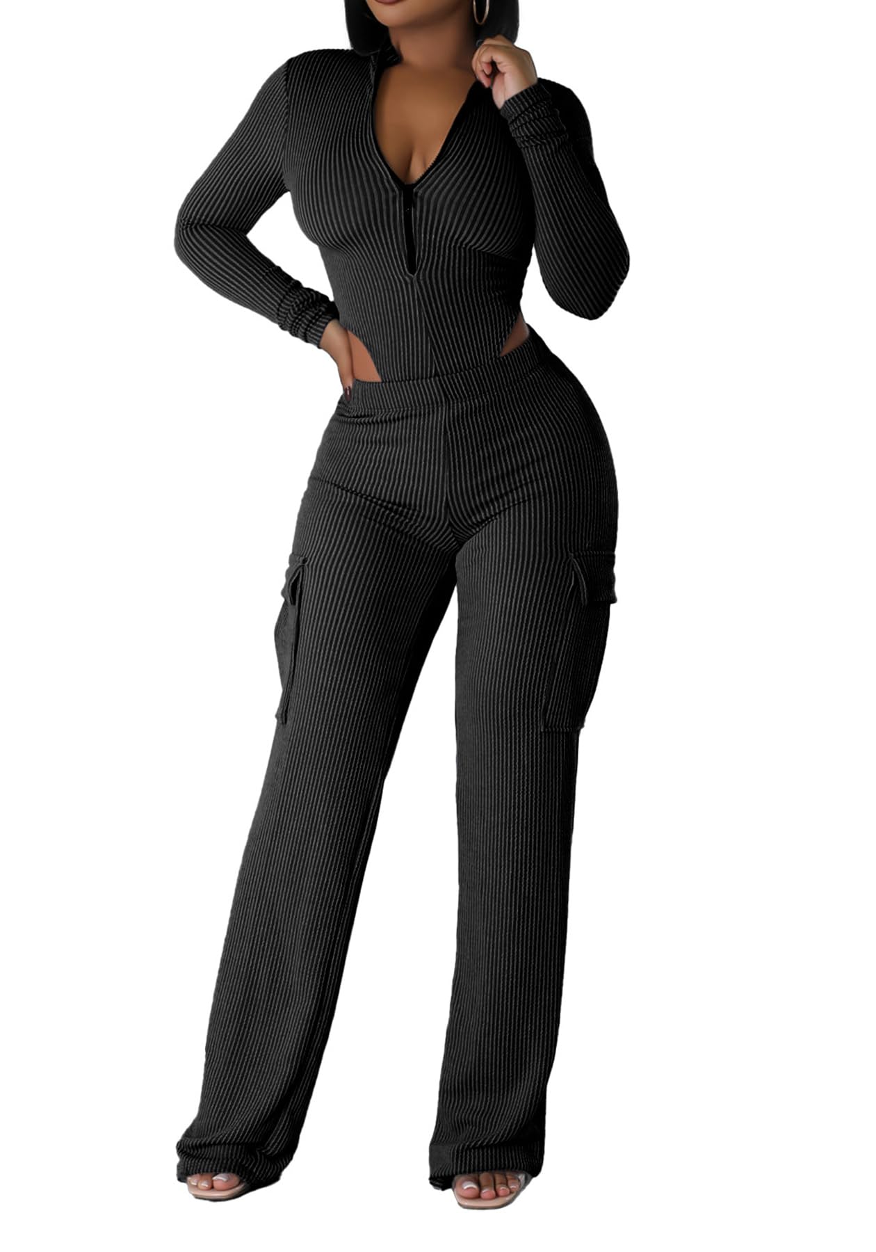 Amazon.com: Cupitool Women Ribbed 2 Piece Jumpsuit Outfit Long 