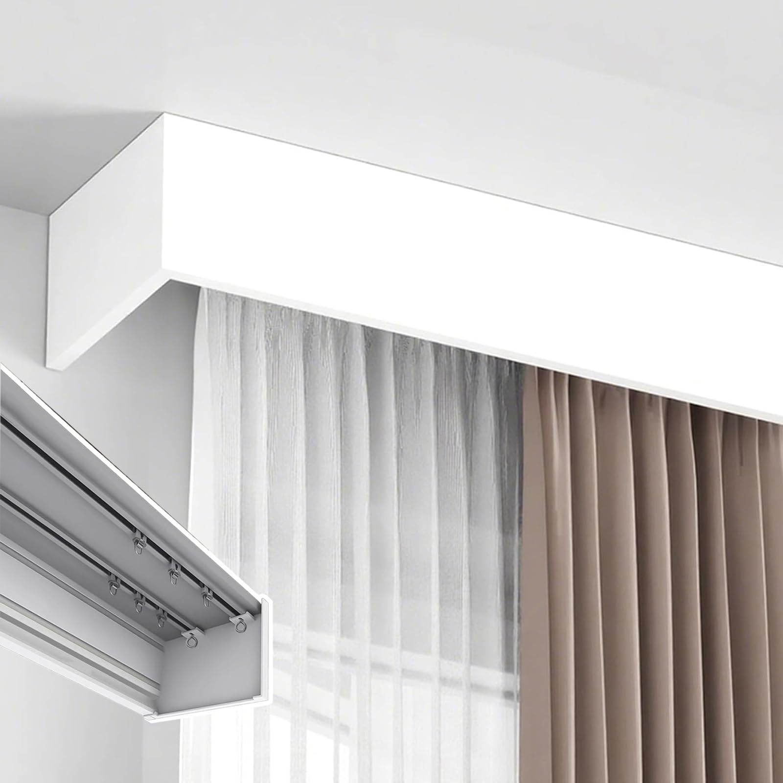WQPMNYG Double Track Curtain Rod Kit - 6.6ft Ceiling Wall Mount Blackout Pelmet Box for Stylish Window Valances & Drapes - Perfect Home Decor Solution