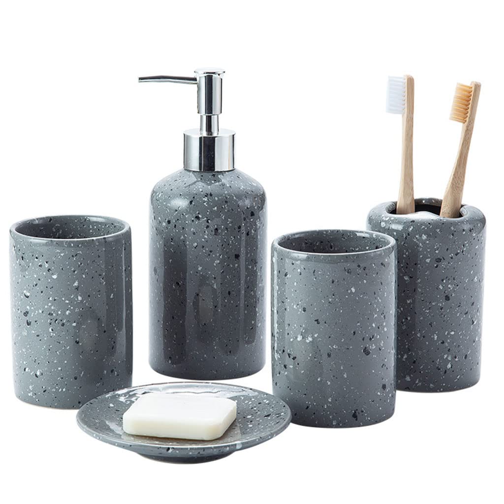 FEFCK Grey Marble Pattern Ceramic Bathroom Accessories Set, 5 Pieces Light Luxury Bathroom Vanity Countertop Accessory Set with Lotion Soap Dispenser, Toothbrush Holder, Bathroom Tumbler, Soap Dish