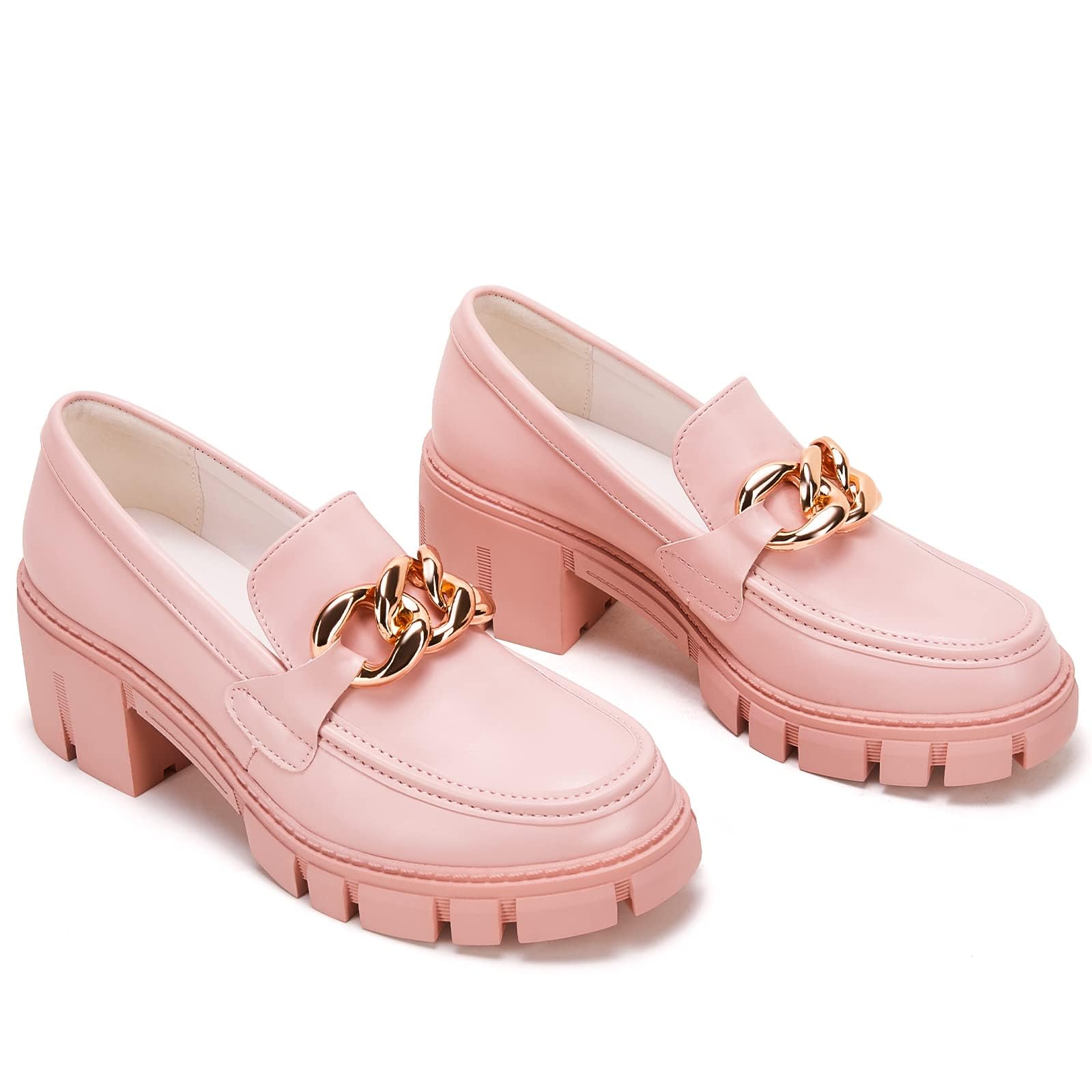 TINSTREE Platform Loafers for Women with Chain Comfort Chunky Heel Slip On Round Toe Business Work Shoes
