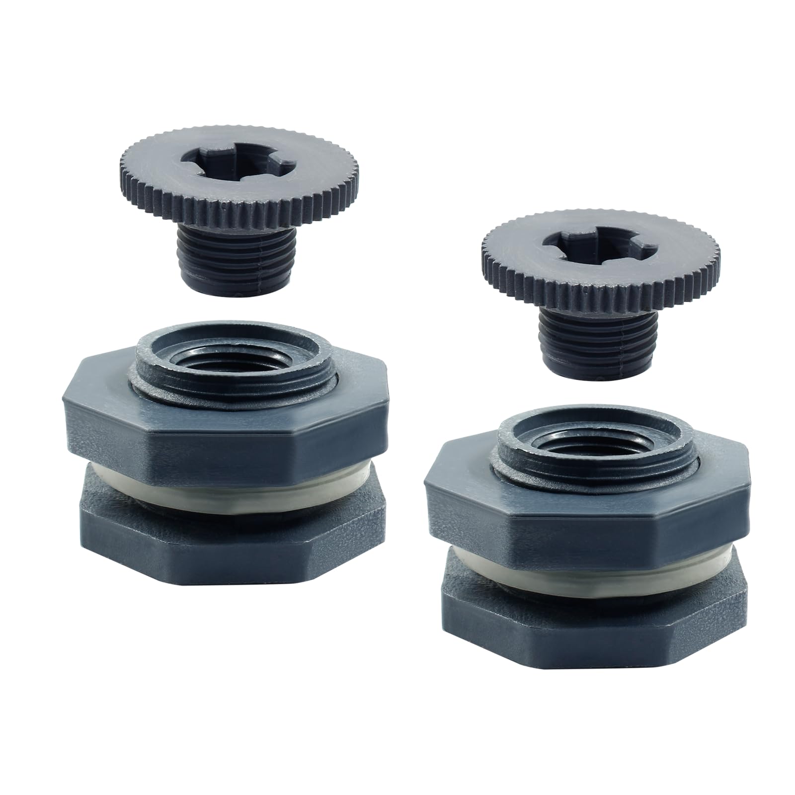 Suiwotin 2pcs NPT1/2 PVC Bulkhead Fitting with Plugs, 1/2 Inch Plastic Water Tank Connector Threaded Thru-Bulk Pipe Fittings for Rain Barrels, Aquariums, Bucket Hose Adapter, Ponds, Pools