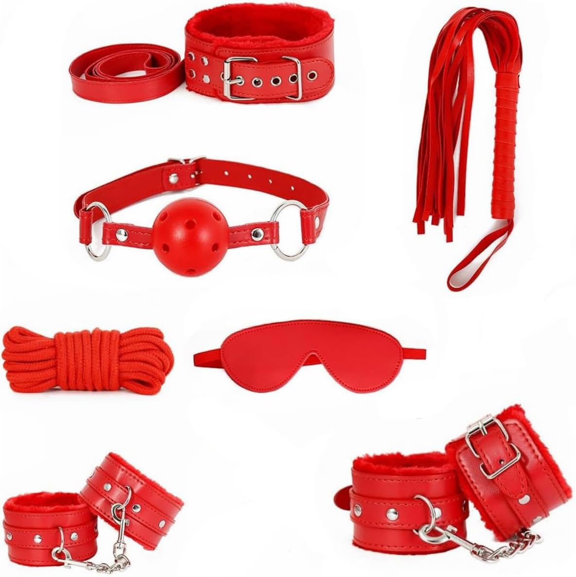 7-Piece Classic Soft Leather Fitness Multifunctional Set, Equipped with Training Whip and Leather Collar - D3