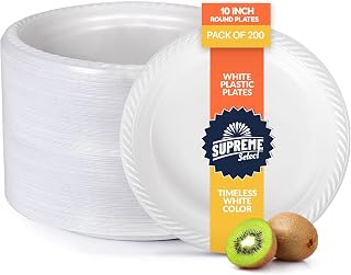 Supreme Select White Disposable Plastic Plates [Set of 200 | 10-inch Plates] Elegant Party Dinner Plates- Microwave Safe Plastic Dish Set- Sturdy Rimmed Plates For Weddings, Parties, Kitchen Use