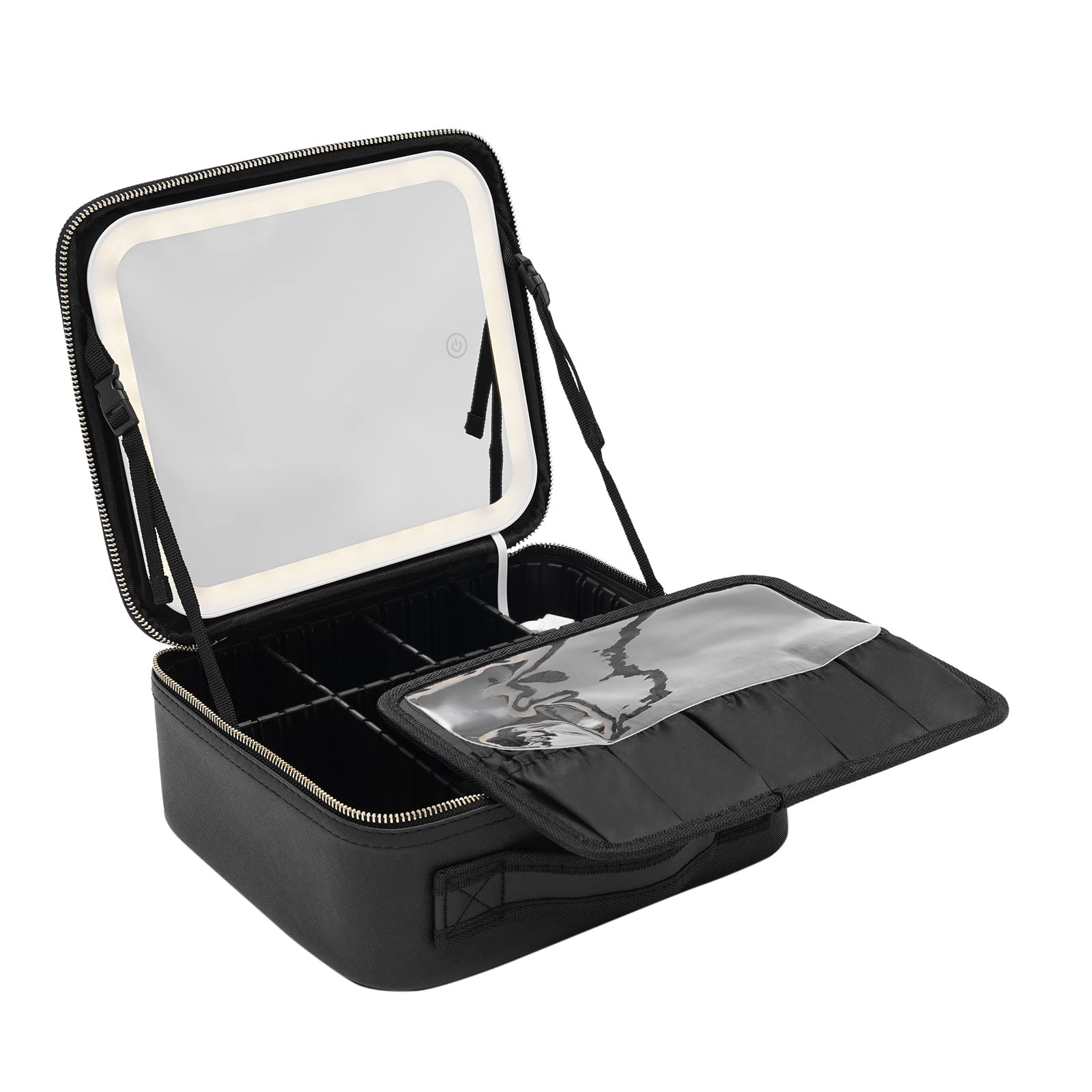 Reisekosmetiktasche mit beleuchtetem Spiegel, wasserdichte Makeup-Trainingsbox mit LED-Spiegel, Einstellbarer Helligkeit in 3 Farbszenarien, Verstellbaren Teiler, Geschenk für Frauen (Schwarz)