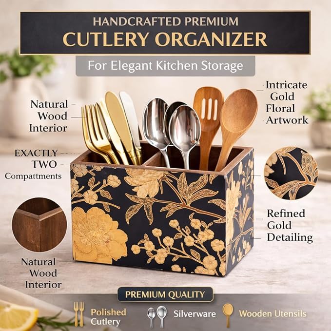 Image of Wooden Spoon Holder for Dining Table | 2-Section Cutlery Storage Box | Kitchen Utensil Organizer with Elegant Gold black Pattern | Multipurpose Tabletop Stand | 10 x 16 x 12 cm (Black Design)