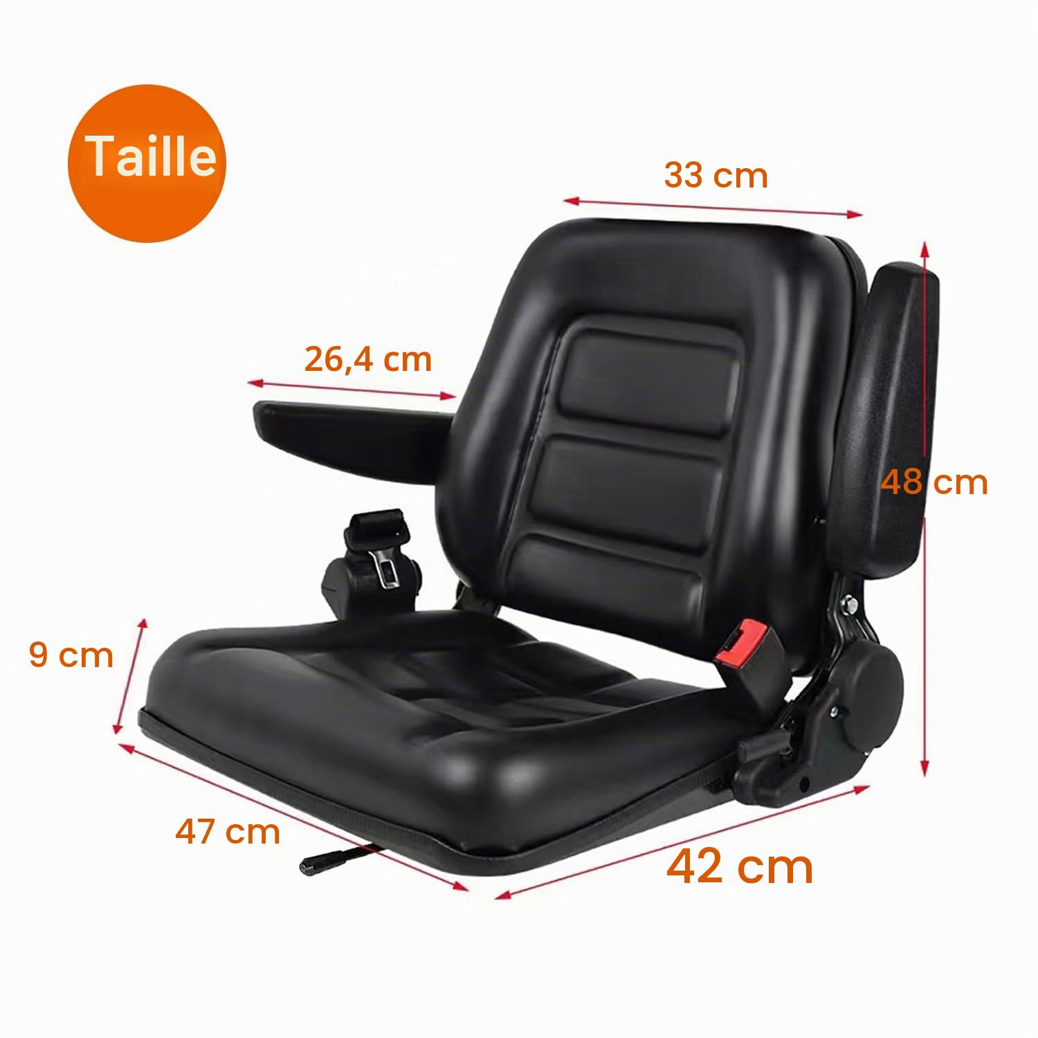 Siège de chariot élévateur universel, siège de tracteur rabattable avec accoudoir, ceinture de sécurité, dossier réglable et glissière en PVC imperméable pour de jardin pelle chargeuse pelleteuse