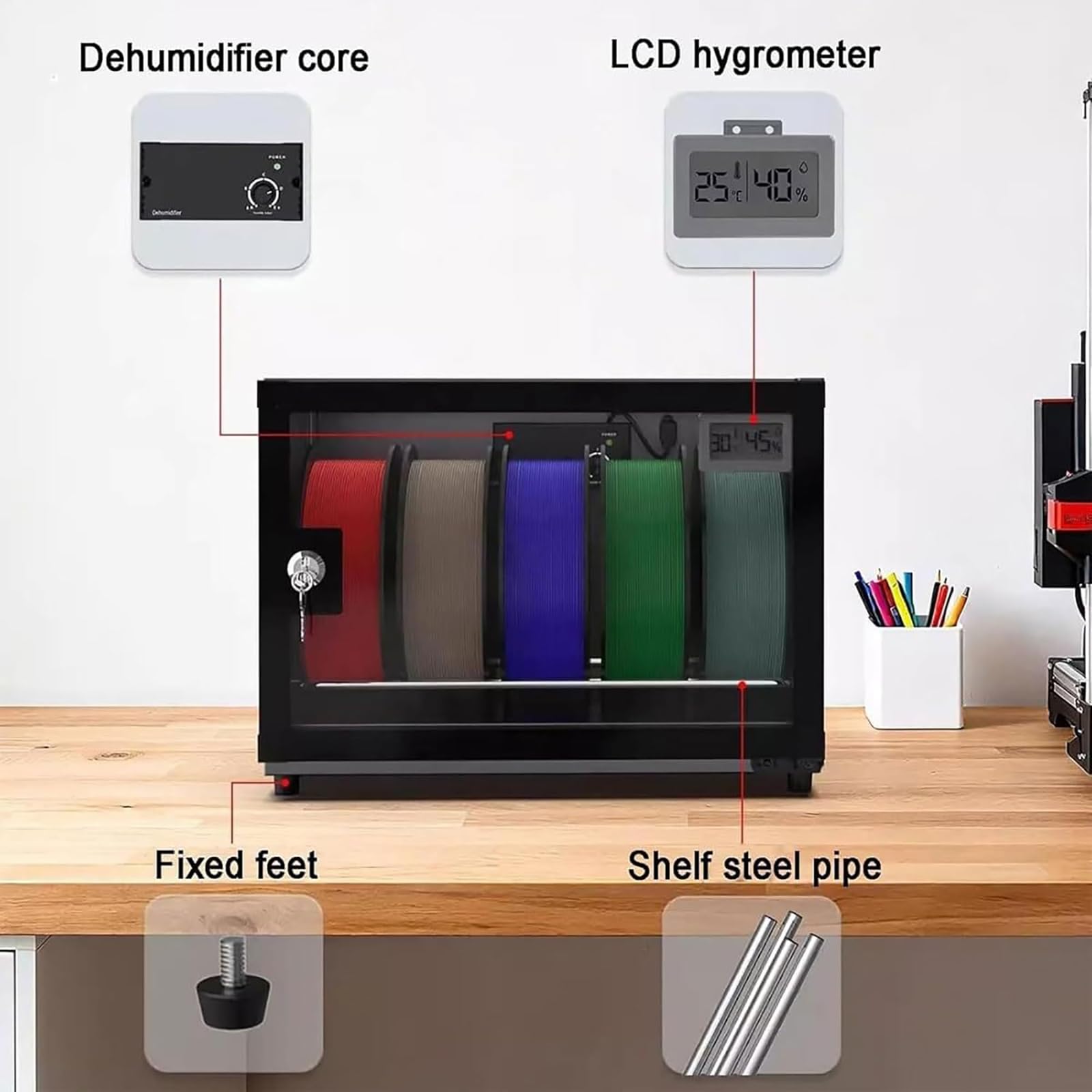 Control de gabinete deshumidificador de filamentos para impresora 3D con humedad y bloqueo seguro, caja de almacenamiento de filamentos de 25L, capacidad para 5 rollos para PLA/ABS/PETG