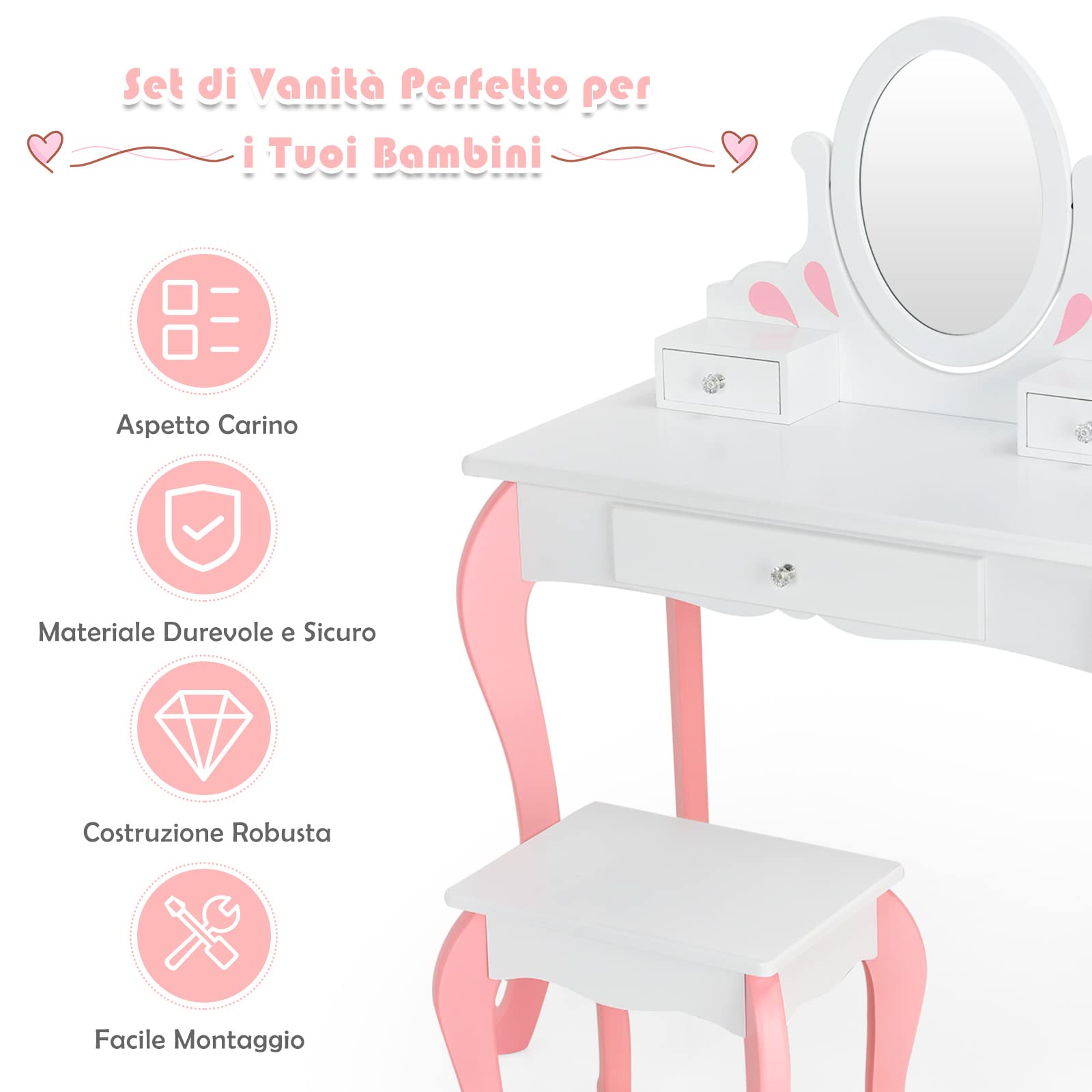 COSTWAY Toeletta Trucco 2 in 1 per Bambina, Specchiera Staccabile per Ragazza in Legno con Sgabello, Portapenni, Cassetto e Specchio Girevole a 360°, Postazione Trucco, 70 x 34 x 105cm (Bianco)
