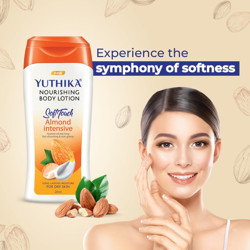 Image of Yuthika Almond Nourish Body Lotion 20ml - Hydrating Moisturizer for Men & Women, Non-Irritant & Non-Sticky, 24H Hydration for Dry to Normal Skin (24 Pcs in Jar)