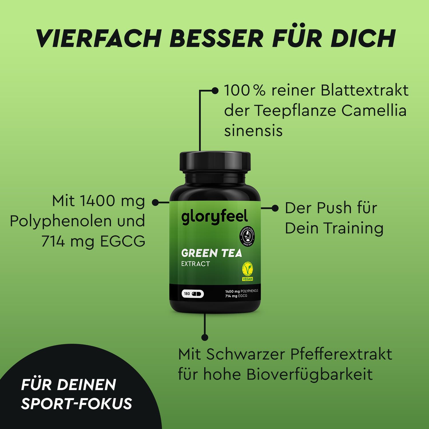 Grüntee Kapseln – 1429 mg Grüntee Extrakt mit 1400 mg Polyphenolen pro Tag – 714 mg EGCG – mit Schwarzem Pfefferextrakt – 180 vegane Kapseln für Sport & Wohlbefinden (3 Stück am Tag) – laborgeprüft