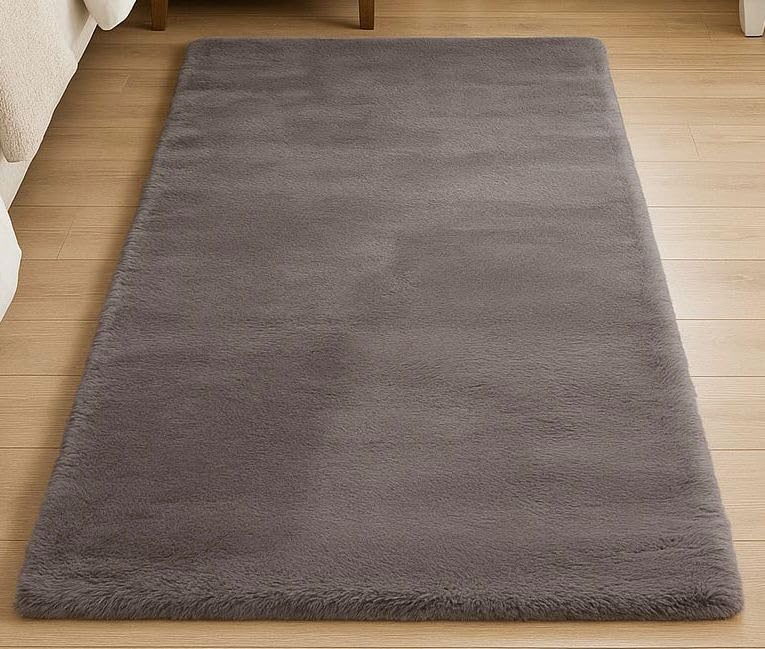 Image of Adorn Supersoft Rabbit Fur Bedside Runner Rug, 60 * 140cms Anti-Skid Backing (Grey)