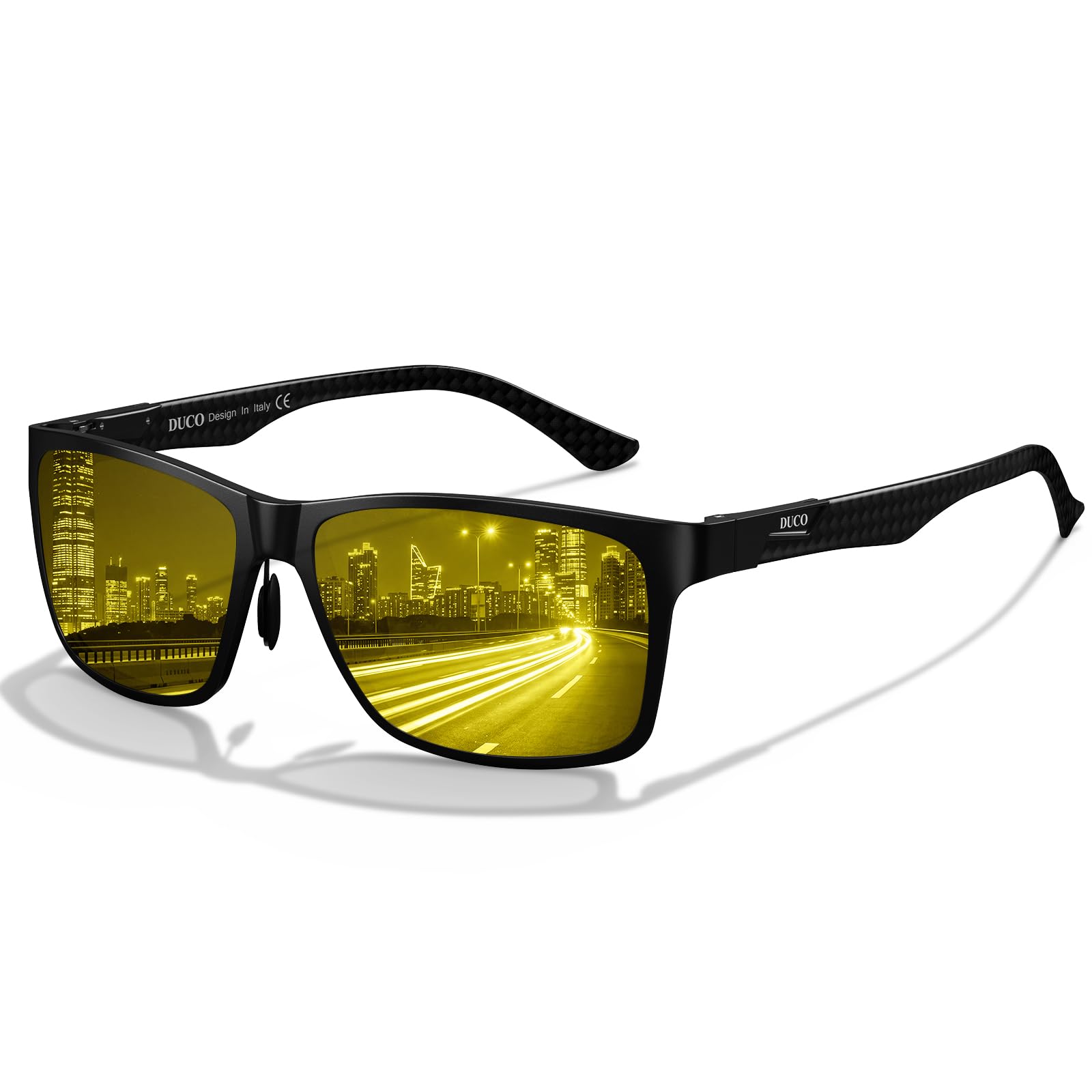 DUCO AL-MG Polarisierte Nachtfahrbrille Kohlefaser-Bügel Ultraleicht 8206Y | Blendschutz Nachtsichtbrille für Autofahrer, Gelbe Brille zum Autofahren mit Verstellbare Nasenpads, Feder-Scharnier