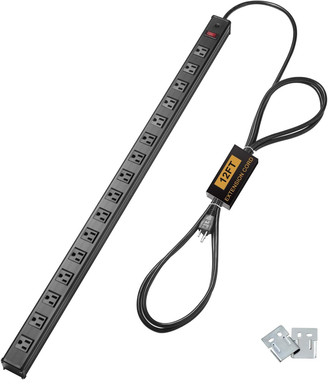 BESTTEN UL Listed 16-Outlet Heavy Duty Metal Power Strip, 12ft Long Extension Cord, 15A ON/Off Circuit Breaker, Mounting Brackets Included, Black