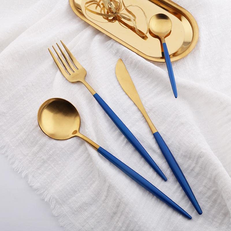 Image of aDai Premium Gold SUS304 Stainless Steel Cutlery Set - 8 Spoons, 4 Fork, 4 Steak Knife - Mirror Finish Dinnerware Flatware (Blue - Set of 16)