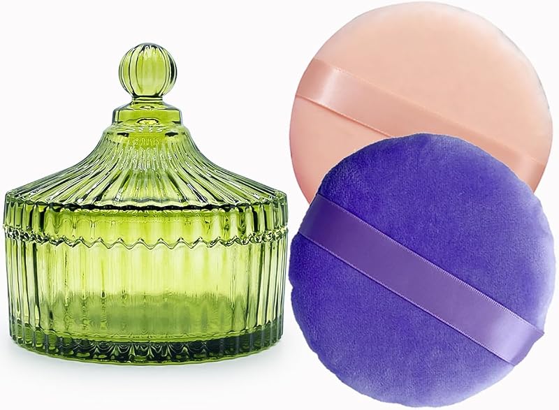 YILUSHENGHUA Kit com 2 Puffs Grandes para Pó Bege e Roxo e Pote de Vidro Verde-oliva