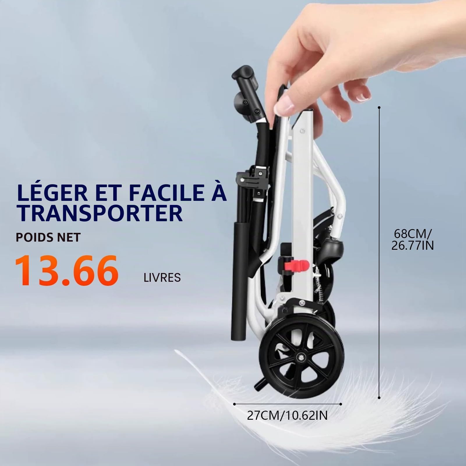 Fauteuil roulant de transport portable, léger et pliable avec ceinture de sécurité et grandes roues tout terrain, cadre en aluminium, accoudoirs rabattables, capacité de 81,6 kg, pour adultes et