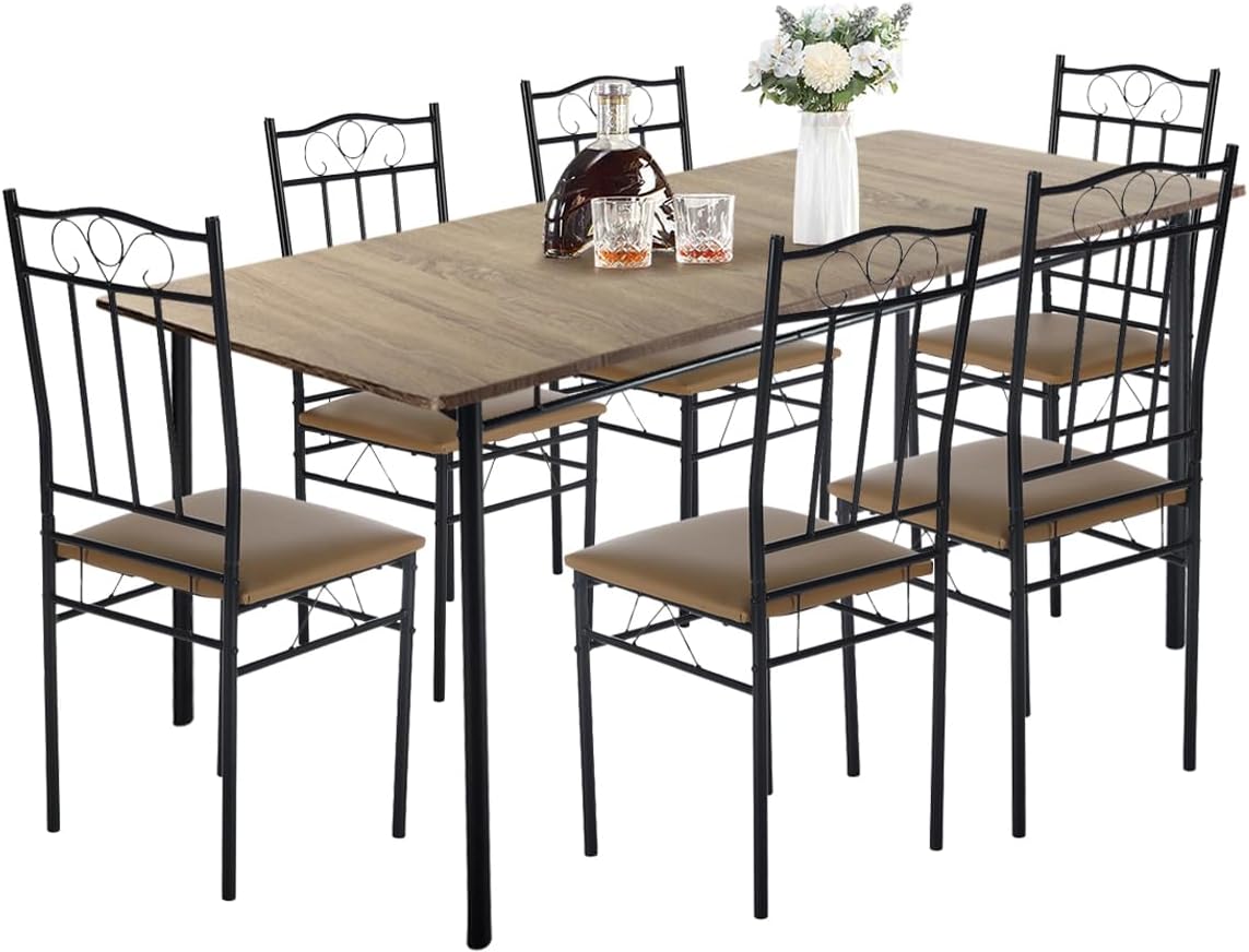 FurnitureR Dining Table Set for 6, Rectangular Dining Room Table Set with 6 PU Leather Chairs, Kitchen Table and Chairs for 4-6 People, 7 Piece Kitchen Table Sets, Beech/Light Brown