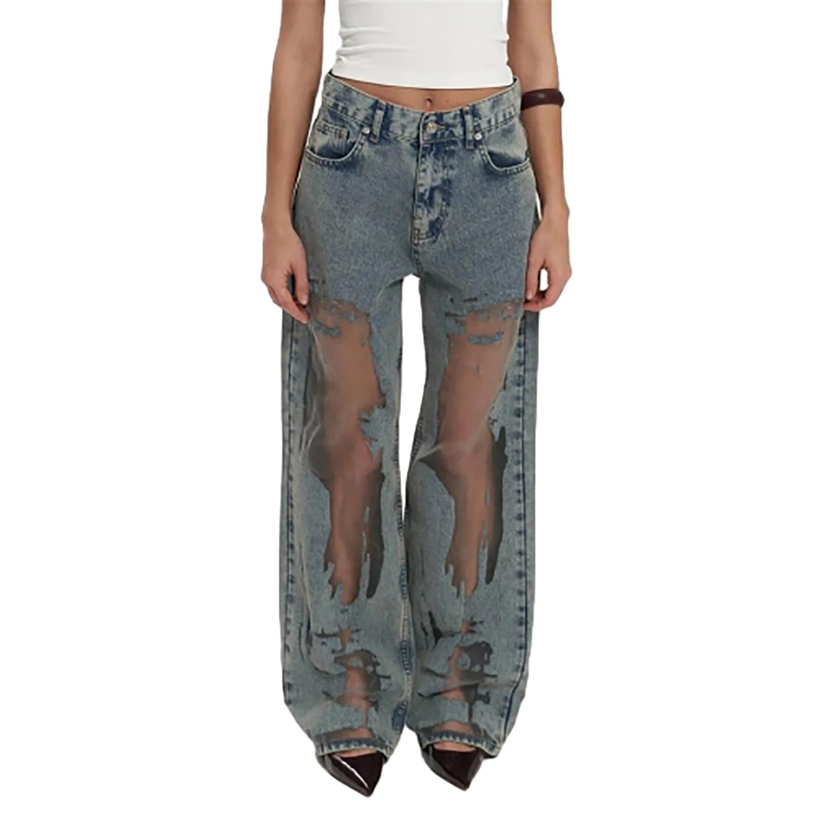 Damskie Jeansy Vintage z Siateczki Patchworkowej Seksowne Luźne Swobodne z Wysokim Stanem i Szerokimi Nogawkami Dżinsowe Spodnie Hip-hopowe Boyfriend Luźne Streetwear Sprane Zniszczone Jeansy