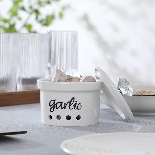 Miniatura 4 de HAOTOP Garlic Keeper con tapa de cristal, recipiente de cerámica de 12.5 onzas para encimera, decoración de cocina de granja (plateado)