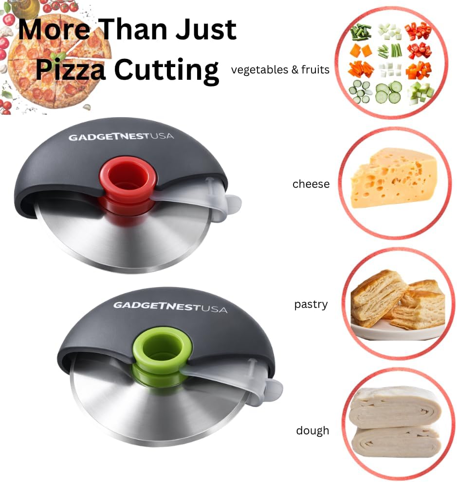 2 Pack Pizza Cutter Wheel –Sharp Premium 18/8 Stainless Steel Blade with Protective Cover – Easy Grip Slicer for Pizza, Dough, Pastry & More