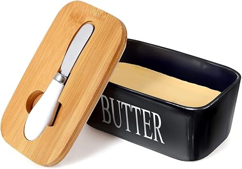 Porcelain Butter Dish with Bamboo Lid and Knife, Airtight Butter Container