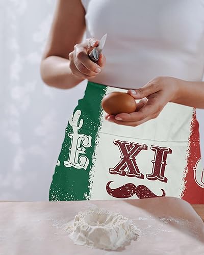 Miniatura 2 de SWINGBY Delantales de servidor con bandera mexicana delantal de camarera de cactus barba de chef delantales cortos de 3 bolsillos en la cintura para
