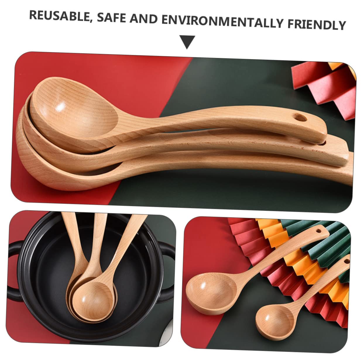 1 cuillère en bois de hêtre - Cuillères de cuisine - Cuillères à expresso - Ustensiles de cuisine asiatiques - Cuillères à soupe - Louches de service profondes - Cuillère de service
