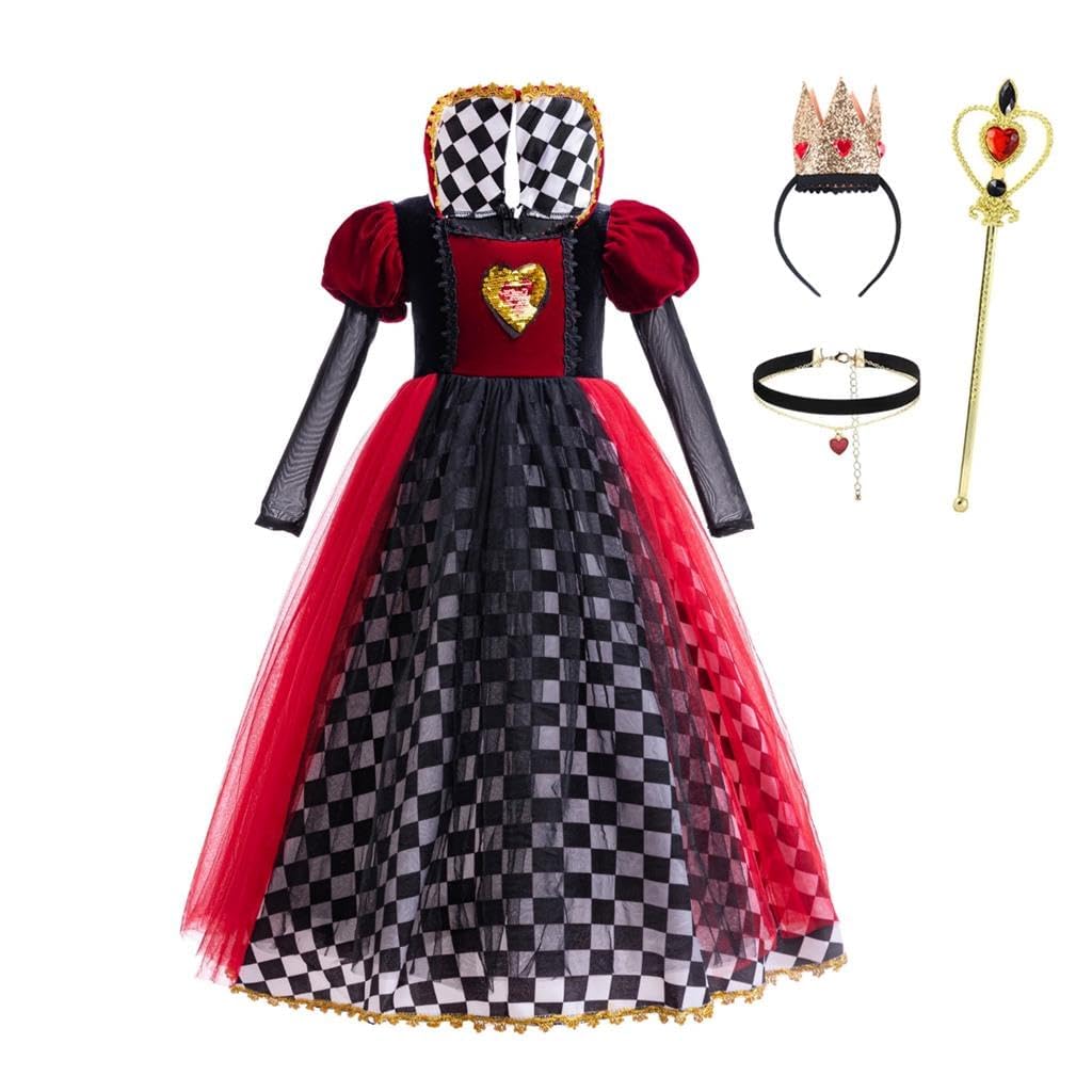 Dressy Daisy Toddler Little Girls Wonderland Red Heart Queen Halloween Costume Fancy Dress Party Outfit Crown Accessories Set