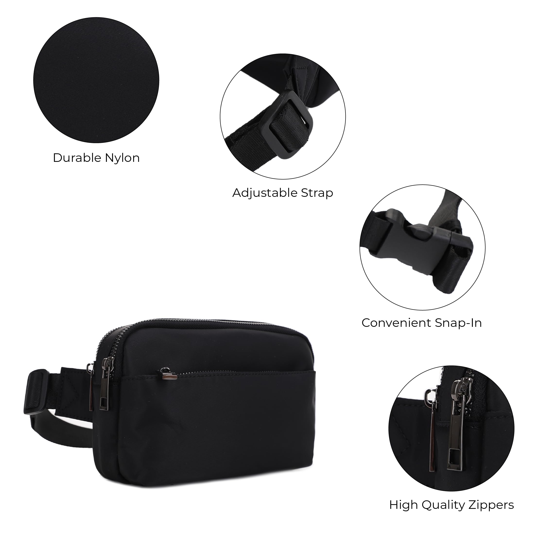 Jessie & James Nylonowa nerka crossbody z regulowanym paskiem na klamrę, modna torba na pasek z wieloma kieszeniami, Czarny, Jeden rozmiar