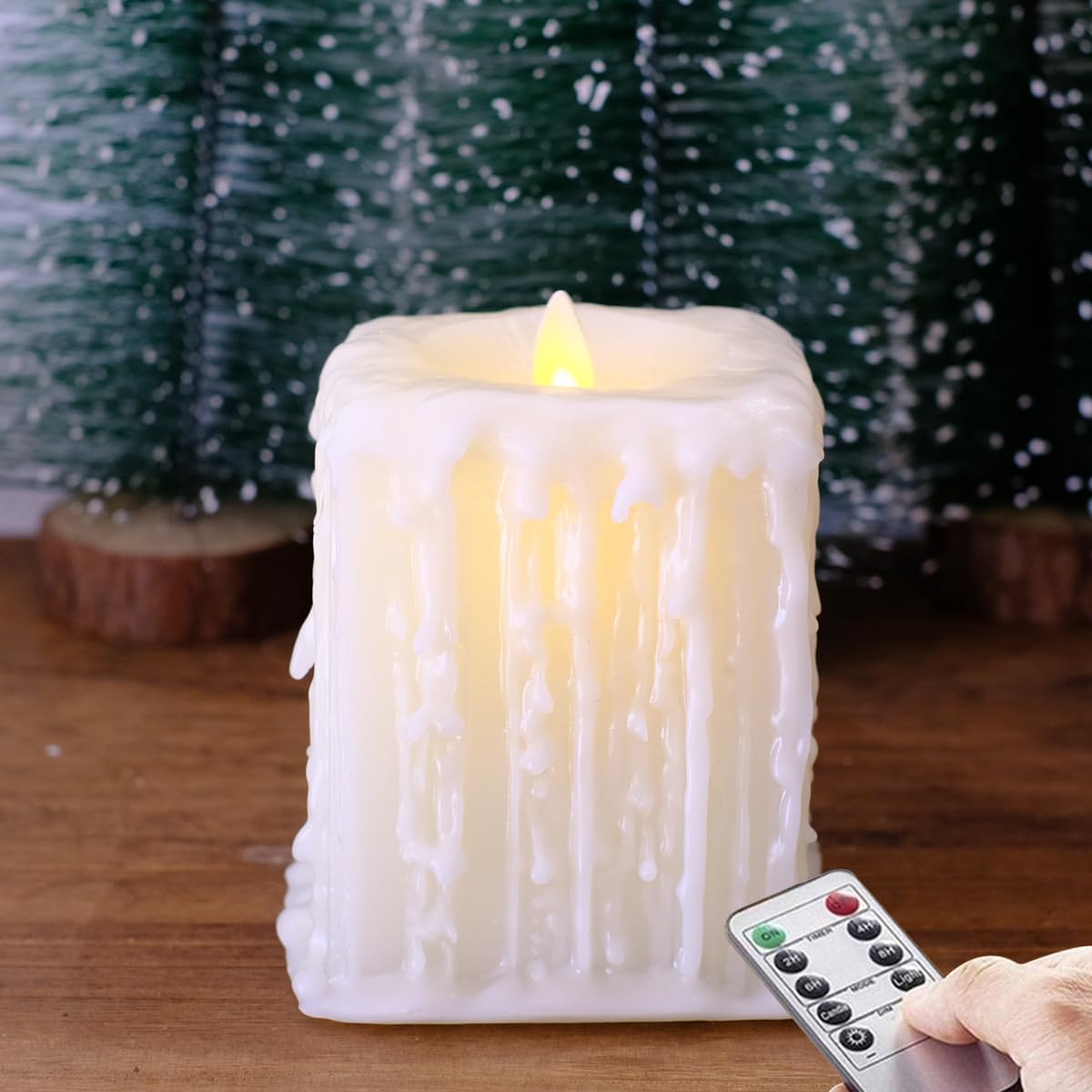 NONNO & ZGF 3.15'' x 4.6'' Cube Ivory Flameless Pillar Candle, Paraffin Wax Dripping Led Candle with Warm White Moving Wick and Remote Control, Timer Function