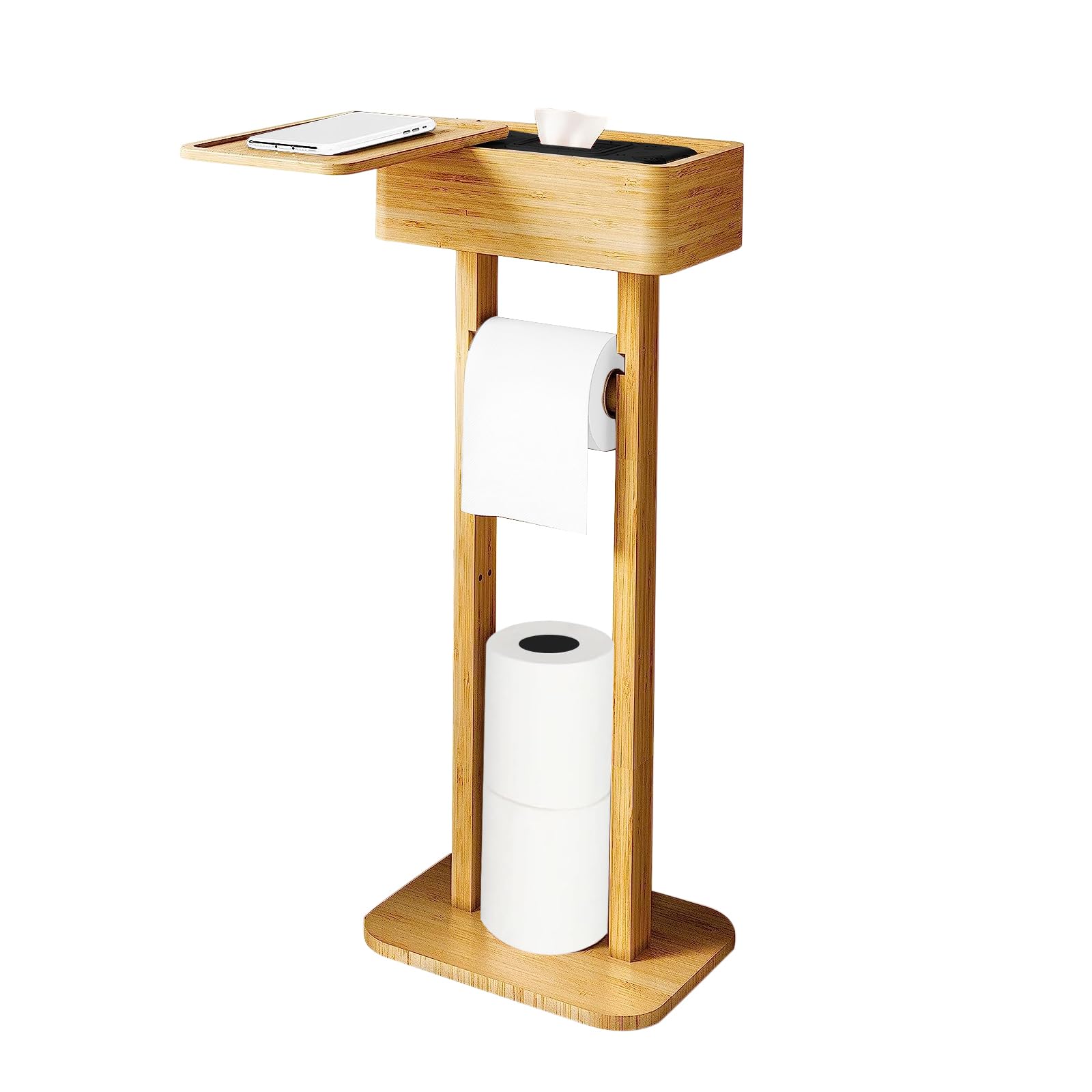 Soporte para rollo de papel higiénico 4 en 1 con caja de almacenamiento, soporte para rollo de papel higiénico de bambú independiente, rollo de papel higiénico, organizador dispensador de