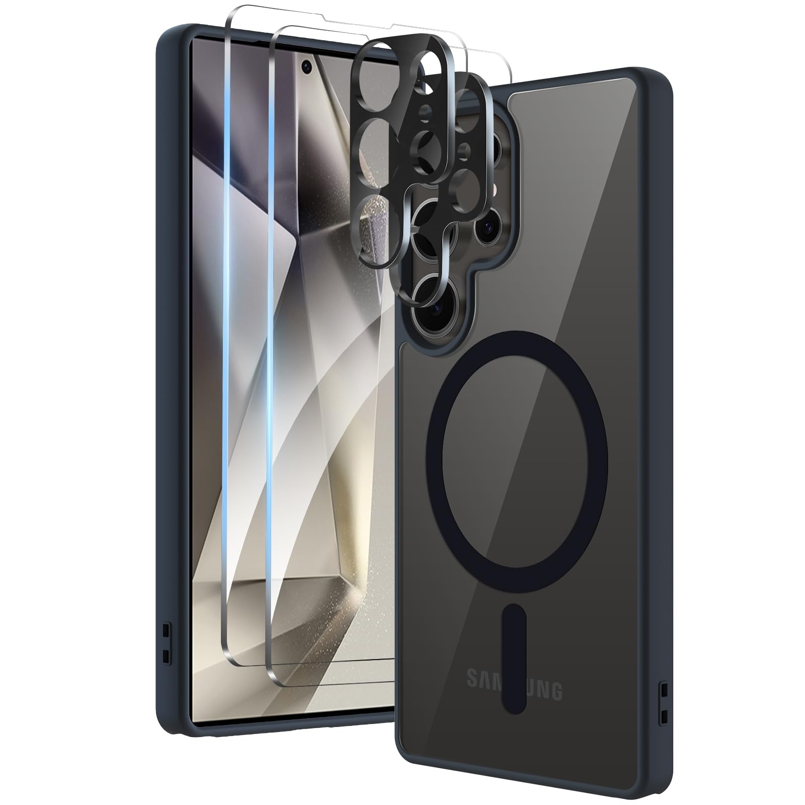 COPIKE Cover Magnetica per Samsung Galaxy S25 Ultra con 2 Vetro Temperato e 2 Lente Fotocamera Protezione, Custodia Opaco TPU Telaio e Trasparente Sottile Antiurto Retro Antigraffio, Nero