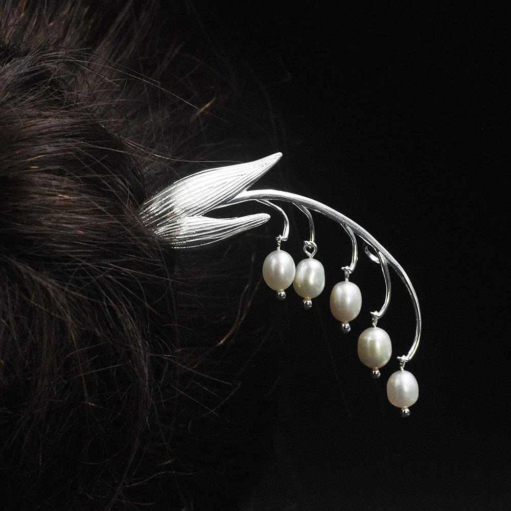 Gioielli per capelli cinesi, Bastoncini for capelli cinesi in argento 925 for capelli lunghi da donna, ciondolo con perla e ramo di fiori, spilla antica fatta a mano, squisiti accessori for capelli vi