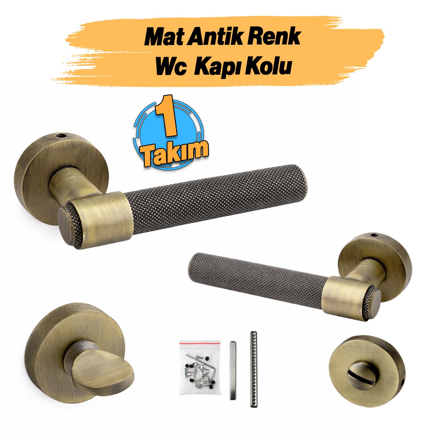 (1 Takım-Çift) Milano Seri Yuvarlak Rozetli Modern Banyo-Wc Kapı Kolu Sağa ve Sola Uygun Mat Antik
