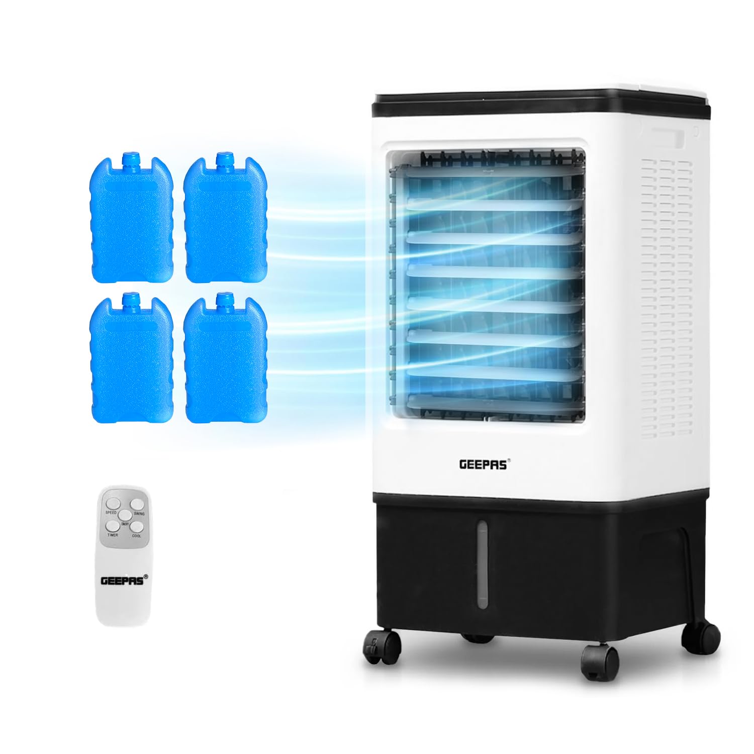 GEEPAS Portable Air Cooler | 3-in-1 Cooling Fan Humidifier Conditioner for Home Office | 4 Ice Boxes, 3 Speeds with Oscillation | 20L Water Tank Remote Control & 7.5h Timer | 80W White (Renewed)
