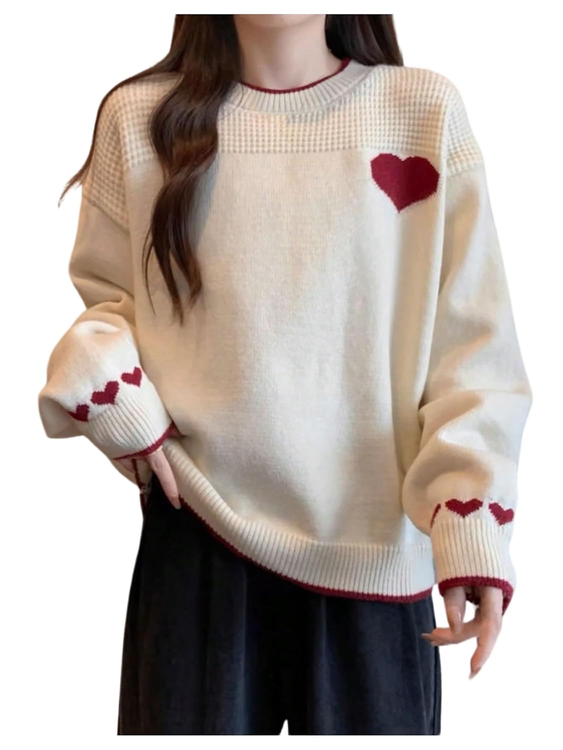 GORGLITTER Womens Heart Sweater Long Sleeve Crew Neck Cute Knitted Valentines Pullover Jumper Tops Fall Trendy