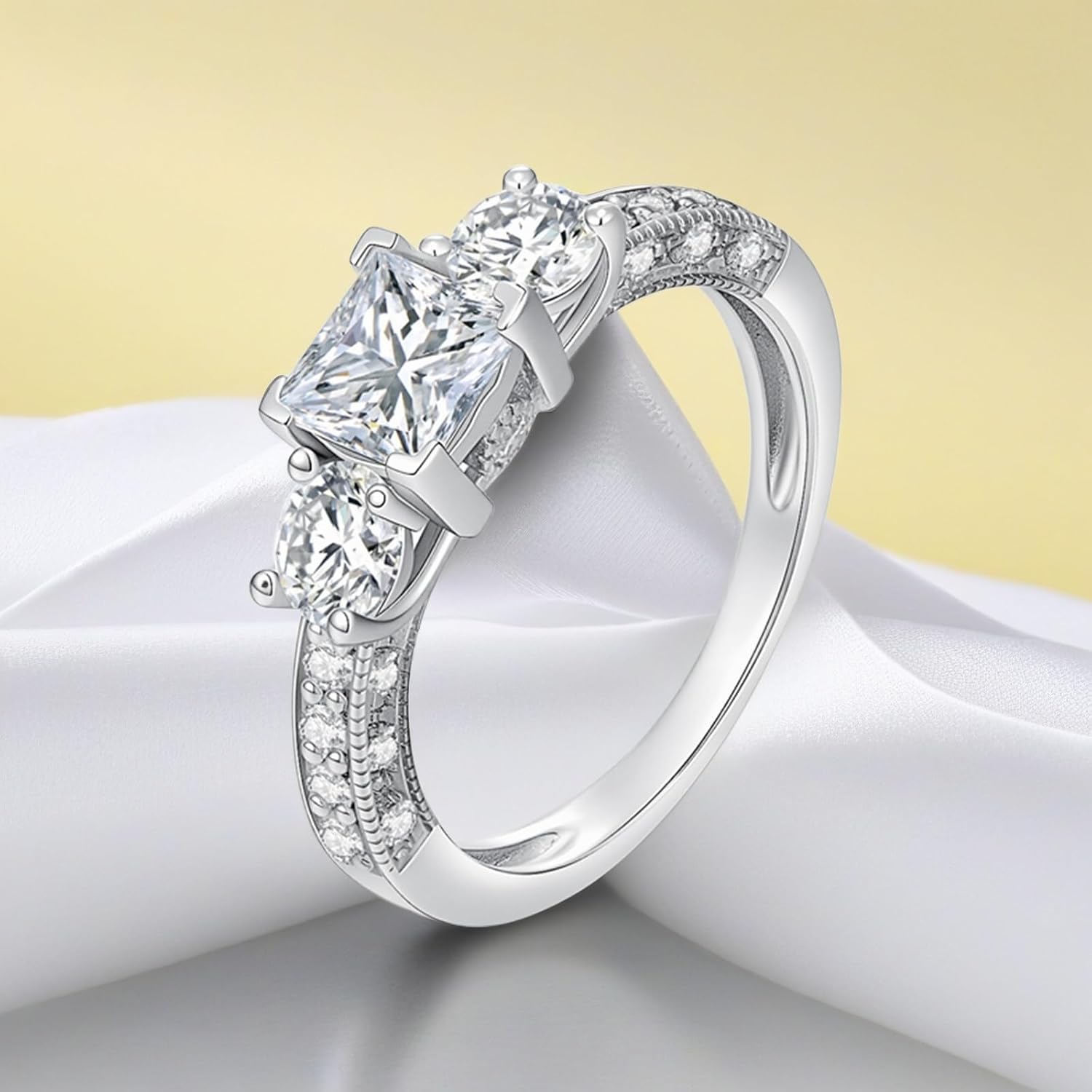 Blocaci Princess Cut Engagement Rings for Women Platinum Plated Silver 1-3/4 Carat(ctw) 3 Stone Moissanite Engagement Rings Vintage Women's Promise Ring