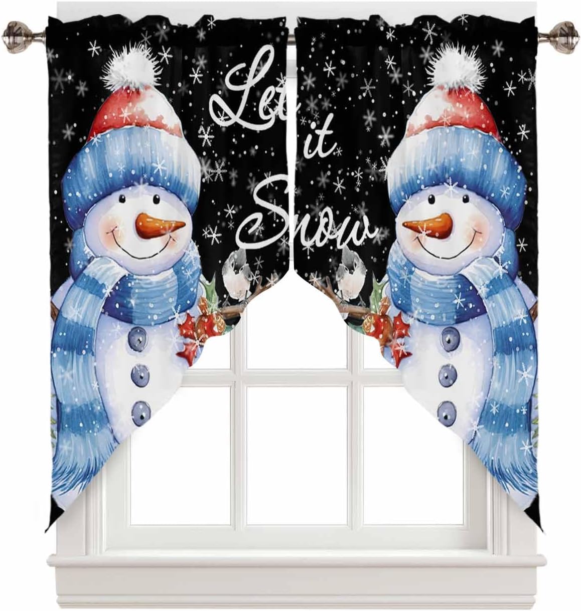 Christmas Swag Valance, Xmas Snowman Robin Black Rod Pocket Kitchen Valance Curtains Winter Snowflake Scalloped Swag Curtains for Christmas Living Room Bathroom Window, 1 Pair, 36" W x 36" L