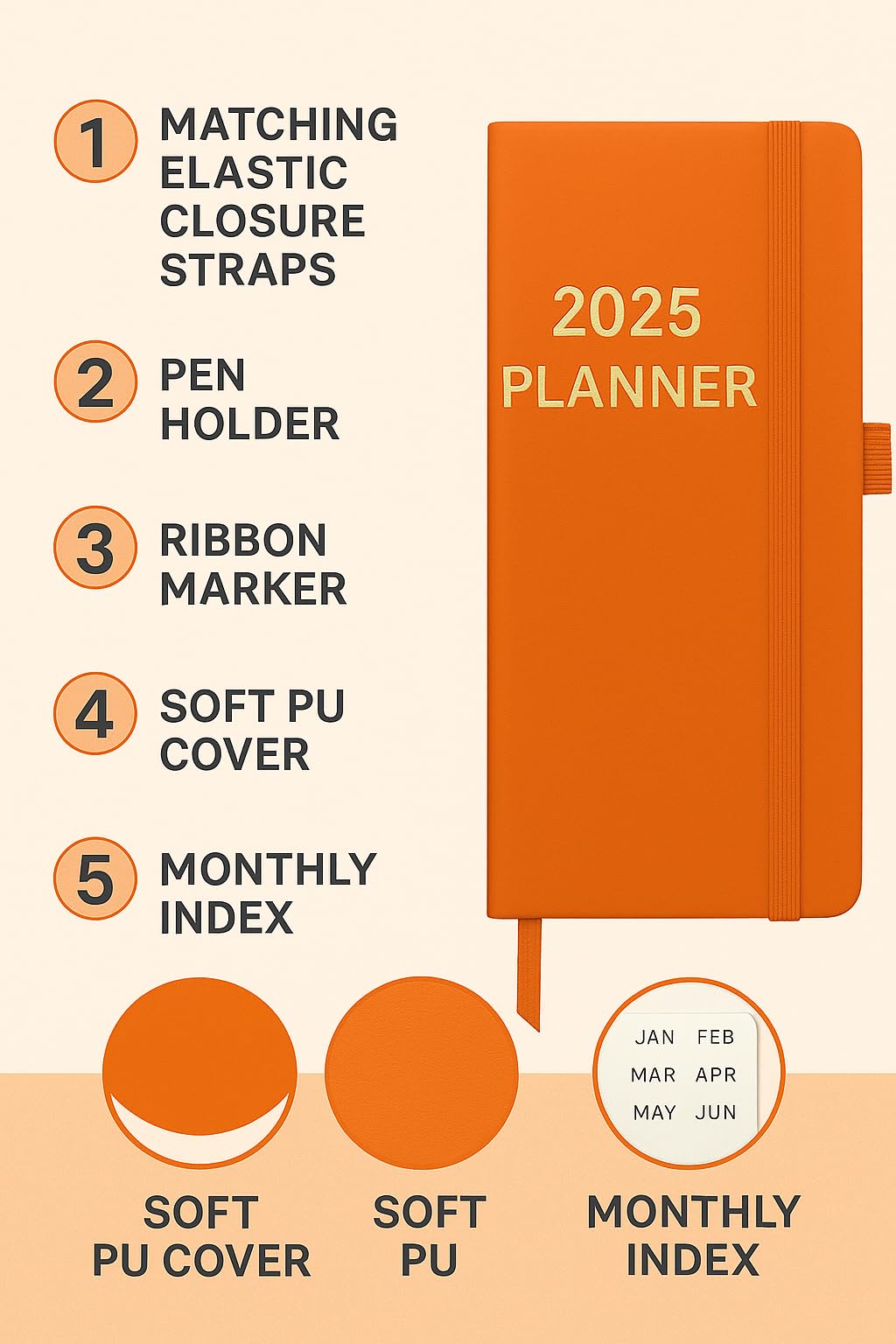 Top Sale A5 Day to Page 2025 Diary Soft PU Cover Orange - Image 2