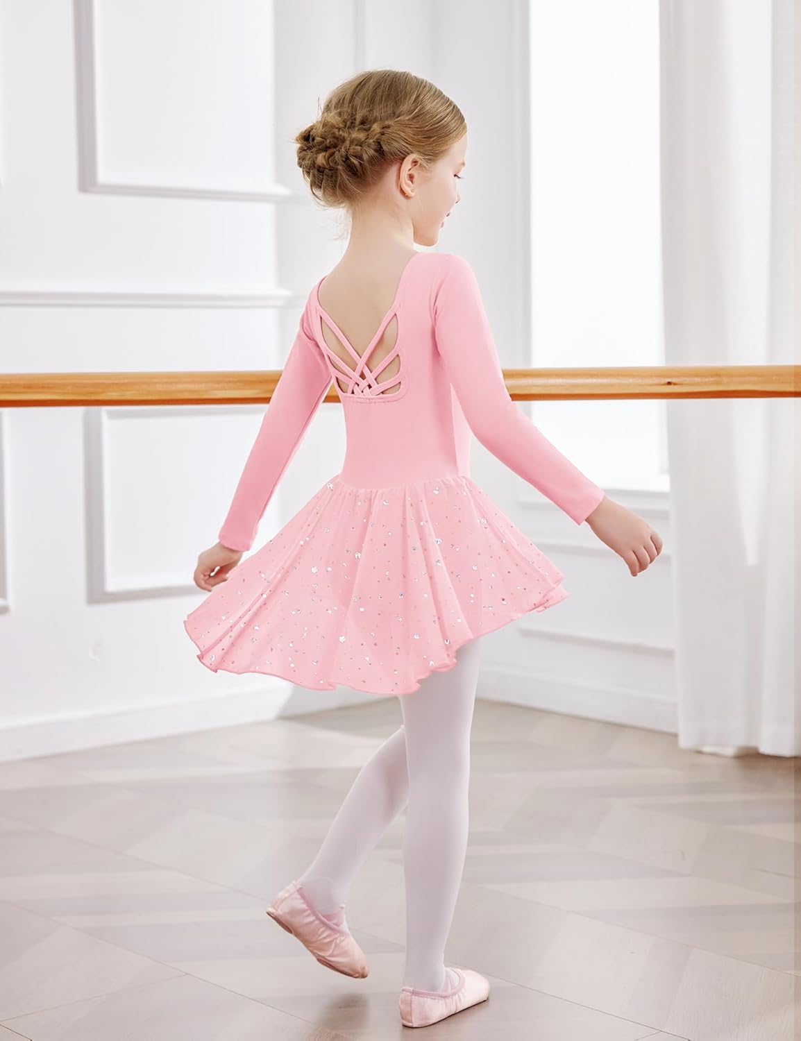 Zaclotre Girls Ballet Leotards with Shinny Skirts Long Sleeve Crisscross Back Dance Dress Outfits - Image 3
